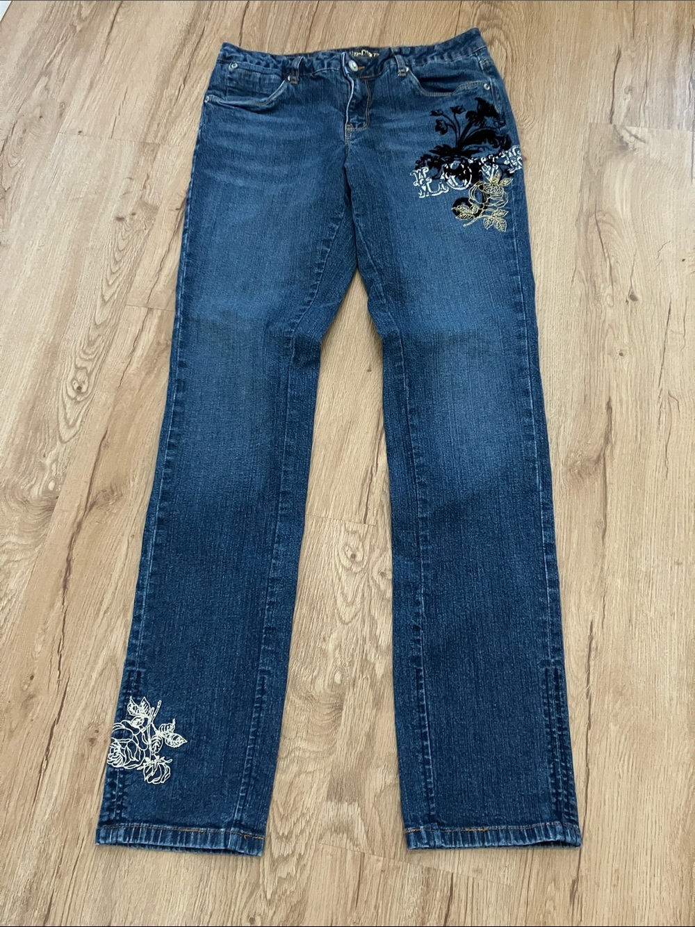Y2k Limited Too Dark Blue Straight-Leg Jeans with Floral Embroidery Size:14 1/2